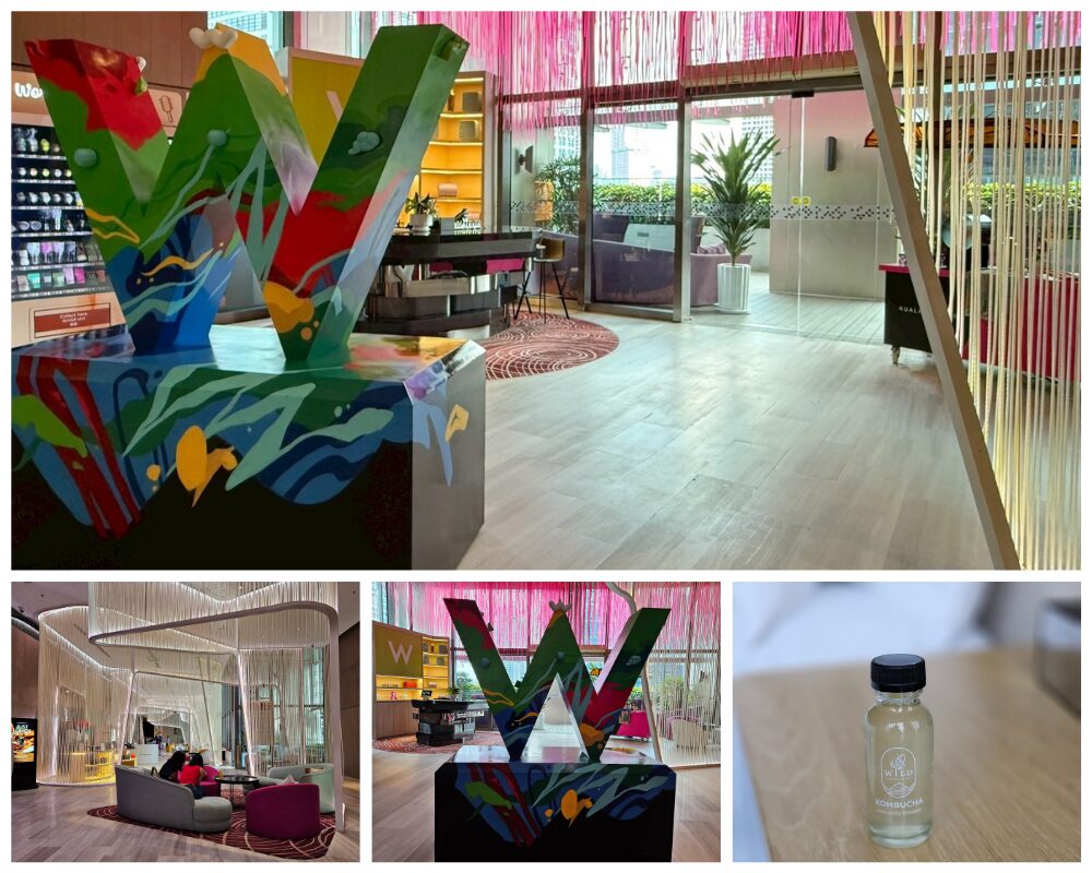 Wクアラルンプールホテルのエントランスとロビーの様子。カラフルなWロゴのオブジェが置かれ、ウェルカムドリンクとして小瓶入りの昆布茶が提供される。

