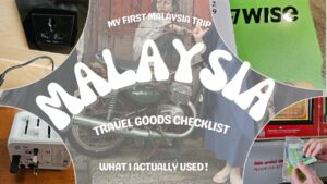 マレーシア旅行の持ち物チェックリスト用アイキャッチ。壁画アート前の写真、変換プラグ、WISEカード、コンセント形状、現地の支払い風景など、実際に使った旅アイテムをコラージュしたデザイン。