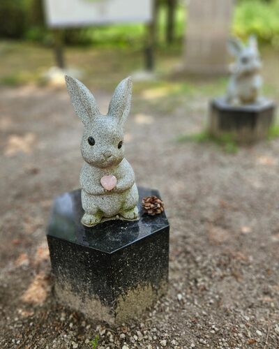 表情の違ううさぎ像を探しながら歩く参道